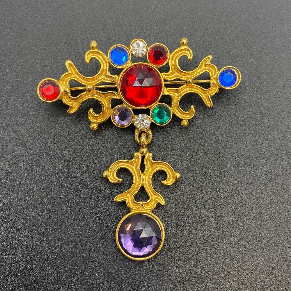 Vintage AJC Gold Tone Jeweled Drop Brooch — Renaissance Revival Style